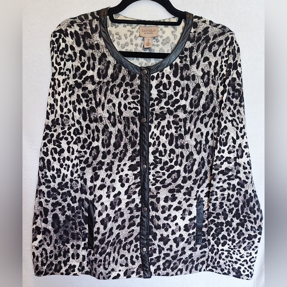 Chico's EasyWear Leopard Snap Front Jacket Cardigan Faux Leather Trim - Size 2 L